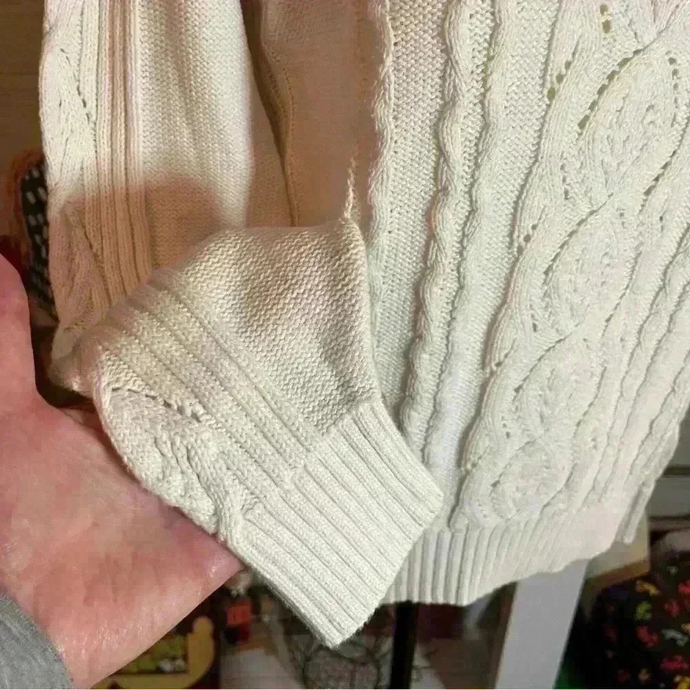 Ann Taylor Loft White Knit Sweater Ruffle Sleeve Cable Knit Women’s Size Medium - Picture 6 of 12